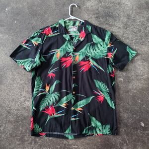 Vintage Paradise Found Hawaiian Camp Shirt Mens L Black Floral Cotton 90s USA